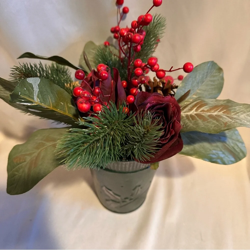 Festive Green and Red Silk Winter Arrangement Roses Berries Pine in Metal Pot